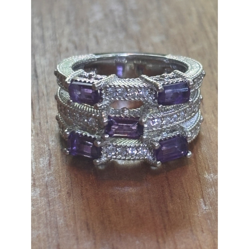 Judith Ripka Sterling Silver Purple Amethyst 3 Band Ring Size 5.5